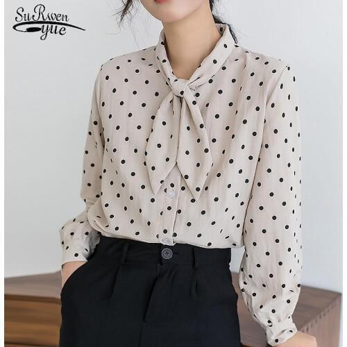 New Womens Chiffon Blouse Shirt 2021 Fall Long Sleeve Polka Dot Cardigan Bow Collar Blouses Women Plus Size Clothes 6051 50