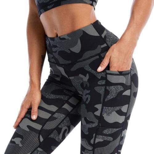 Pluz Size Women Camo Printed Yoga Leggings Pant Pocket Stretchy Sports Tights Women Running Trousers Workout Fitness Sportswear