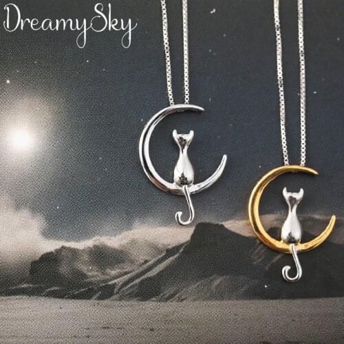 DreamySky Real Silver Color Moon Cat Long Necklaces For Women Jewelry Pure Silver Kitty Choker Necklace Kolye Collares