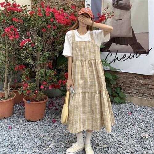 Summer Slip Dress 2021New Plaid Loose Vintage Vestido Student Korean Sweet Vestidos De Mujer Women Clothing A257