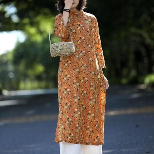 Johnature Women Vintage Print Floral Dress Stand Quarter Sleeve Ramie Dress 2021 Summer New Chinese Style Casual Loose Dresses