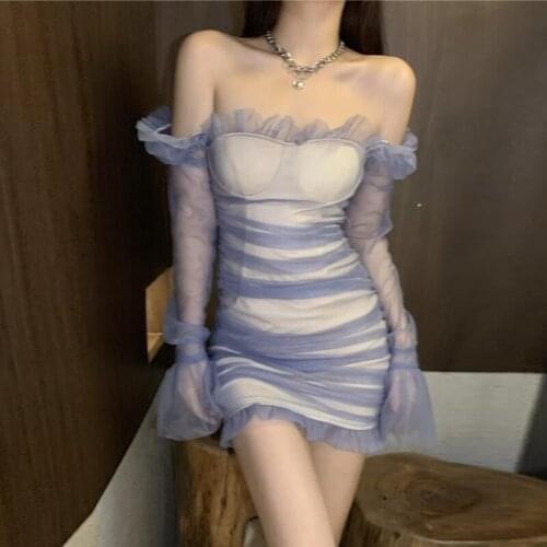 Women Sexy Mesh Dress 2021 New Long Flare Sleeves Sheath Mini Bodycon Dress Square Collar Ruffled Pleated Nightclub Party Dress