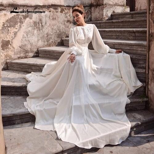 Simple Boho A-Line Wedding Dresses with Long Puff Sleeves Lace Appliques Beach Soft Satin Bridal Gowns 2021 vestido de novia