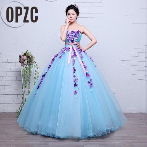 Real Photo Organza Blue Fashion Flowers Strapless Girls Wedding Dress 2020 New Korean Style Princess Lace Ball Vestidos De Novia
