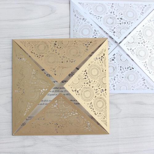 Gold laser wedding invitations elegant fold floral marriage baby baptism dinner invitation set 50pcs