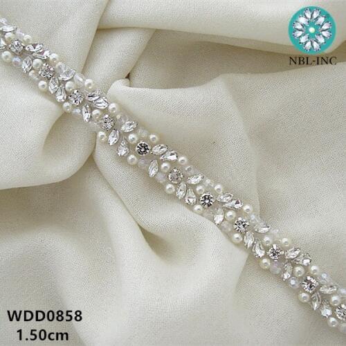 10 yards )Wholesale bridal beaded pearl crystal rhinestone applique trim iron on for wedding dresses belt WDD0858