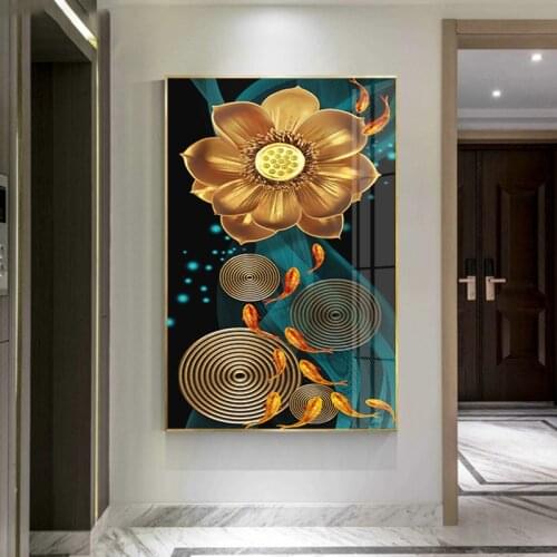 Abstract Gold Lotus Fishes Canvas Painting Modern Poster Art Cuadros New Chinese Style Decor Wall Pictures for Living Room Aisle
