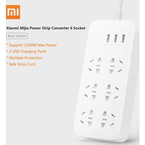 Xiaomi Mijia Power Strip Converter 6 Sockets Portable Plug Travel Home Adapter with 3 USB Quick Charge Port Plug Outlet Switch