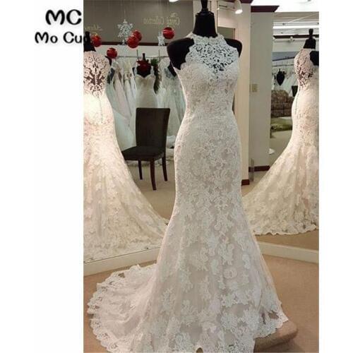 Elegant Mermaid Lace Wedding dresses Button Appliques Beaded High Neck Tulle Illusion Bridal Gown Wedding Gowns