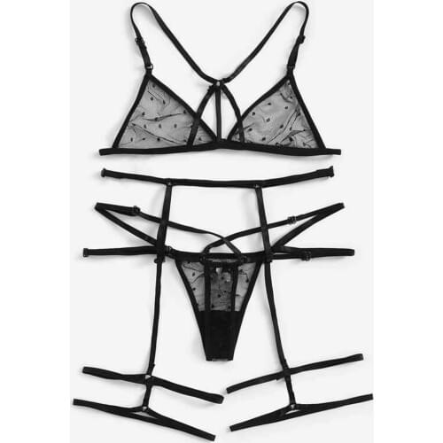 Erotic Lingerie Set Black Embroidery Lace Bra Garter Garter Sexy Set Women Micro Bikini Transparent Underwear Set