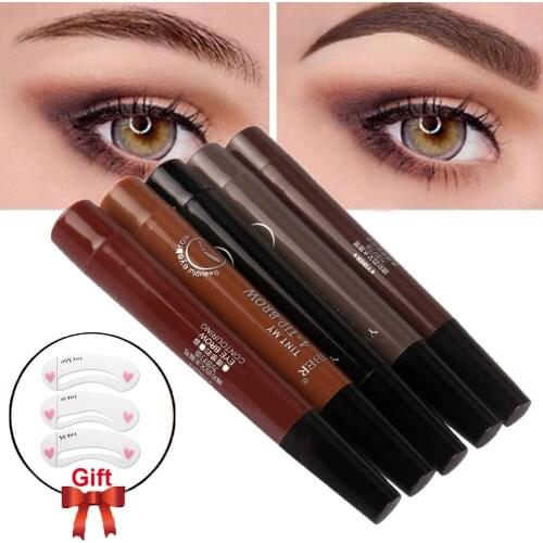 Henna Eyebrow 4 Fork Tip Eyebrow Pencil Natural Long Lasting Tattoo Tint Pen Dye Liquid Eyebrow with Card Eyebrow Stencil Makeup