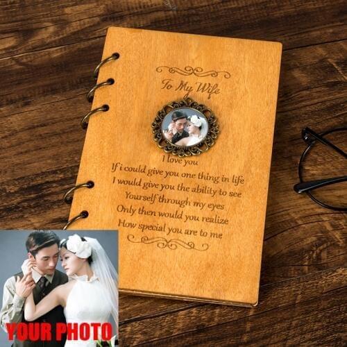 Customized Wood Notebook Diary Engrave Your Name Print Photo 60 Pages Adjustable Best Gift For Christmas Anniversary