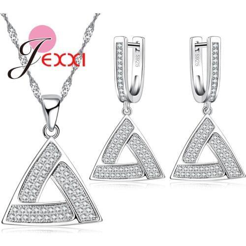 New Fashion Jewelry Set Women Girls Triangle Pendant Necklace Earrings Wedding Accessories Sets With Cubic Zirconia