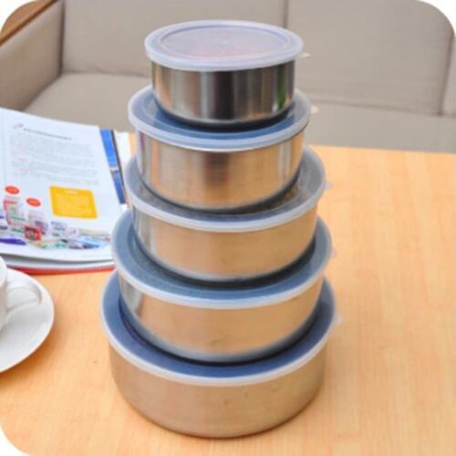 Hot 5Pcs/Set Stainless Steel Home Food Portable Storage Container Preservation Stackable Box Case Mixing Bowls with Airtight Lid