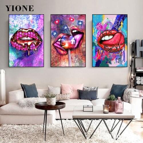 Colorful Sexy Lips Posters and Prints Custom Abstract Graffiti Art Mouth Lollipop Canvas Picture Wall Home Decoration Painting