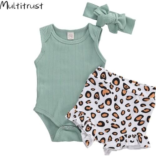 Toddler Kid Baby Girl Summer Clothes Sleeveless Knitted Solid Romper Tops Leopard Short Headband Outfits Casual Baby Set