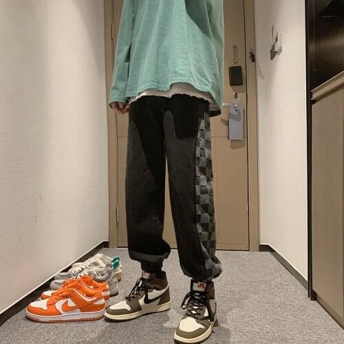 2021 Mens Hip Hop Cargo Pocket Jeans Black/blue Color Plaid Fashion Casual Pants Loose Male Streetwear Biker Denim Trousers