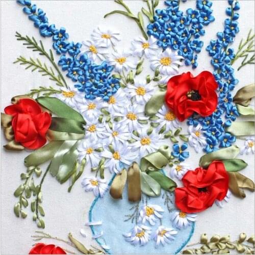 Diy Ribbon embroidery painting kits 40x50cm flower diy embroidery paintings handcraft needlework wall decoration textile