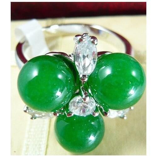 WHOLESALE BEAUTIFUL DESIGN 8MM 3 GREEN NATURAL JADE FLOWER FASHION RING(#7.8.9) 925