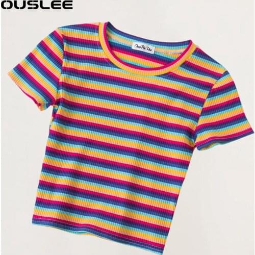 OUSLEE Summer Y2K Aesthetic Short Sleeves Crop Top Women O Neck Striped T-Shirt Female Casual Harajuku Black Tee Tops Streetwear