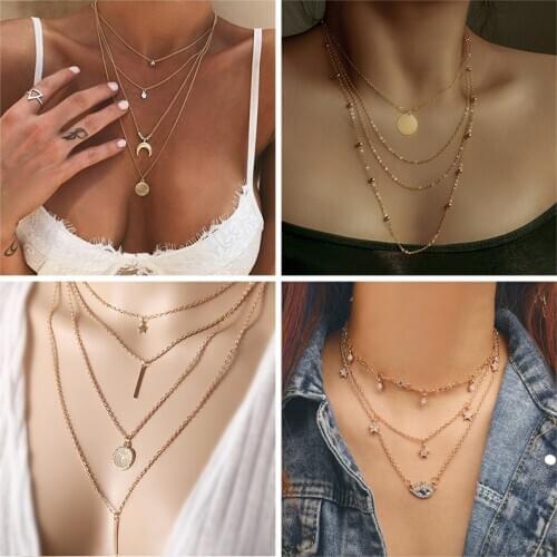 New Fashion Chain Necklace For Women Gold Color Bohemian Stars Beads lock Pendants Choker Necklaces Brincos Female Jewelry Gift