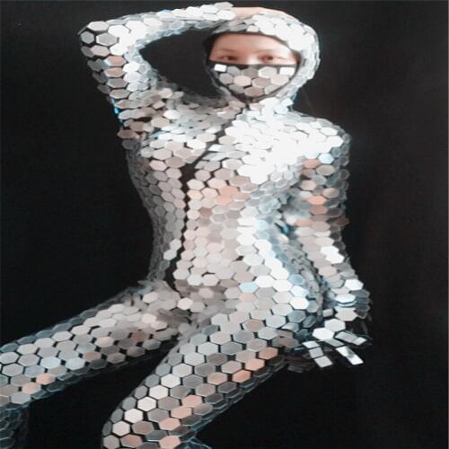 P18 Catwalk stage performance ballroom dance costumes singer silver mirror bodysuit full mirrors jumpsuit party wears show dress