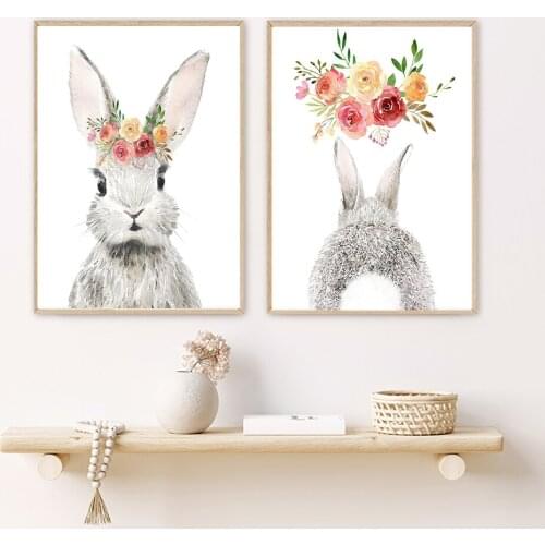 Bunny Poster Paintings Animal Nursery Wall Art Print Rabbit Canvas Painting Flower Nordic Wall Picture Girl Baby Room Decoration