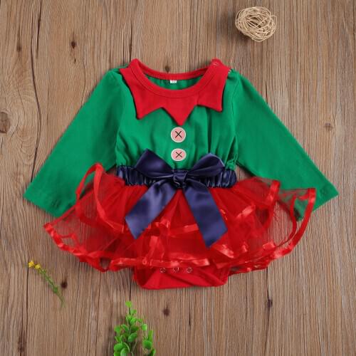 0-18M Newborn Baby Girls Christmas Romper Dress Fashion Long Sleeve Bowknot Cotton +Lace Bodysuit