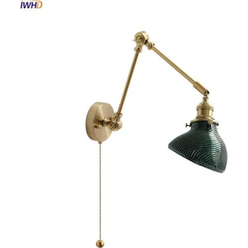 IWHD Nordic Modern Glass Wall Lamp Beside Pull Chain Switch Bedroom Stair Light Copper Long Arm Wall Sconce LED Wandlamp