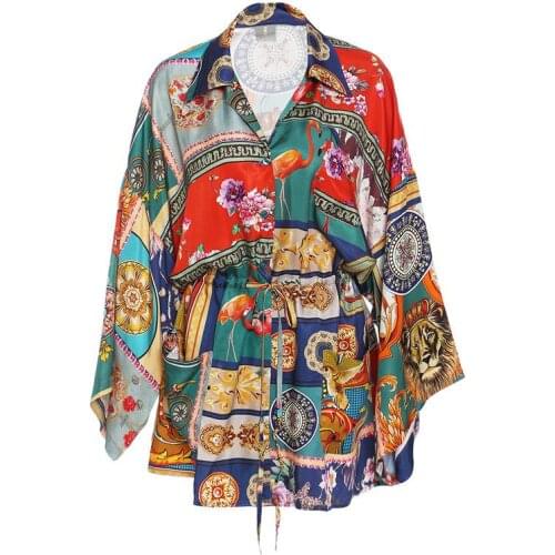 High Fashion Printing Drawstring Waist Vintage Lapel Loose Shirt Long Blouse 2021 Female Holiday Party Clothes Plus Size Top