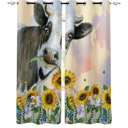 Country Style Sunflower Cow Curtains For Living Room Bedroom Window Treatment Blinds Drapes Modern Kitchen Curtains