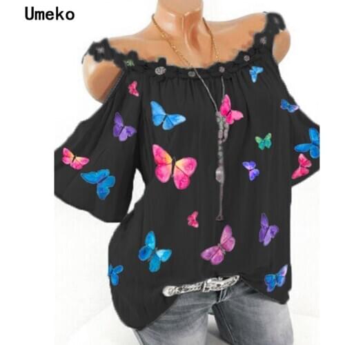 Summer Women Bohemian Chiffon Casual Off Shoulder Lace Collar Blouse Butterfly Print T-shirt Elegant Ladies Streetwear Top Tee