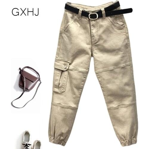Womens Harlan denim multi-pocket cargo pant 2021 spring summer Korean version of the large size loose thin casual pants