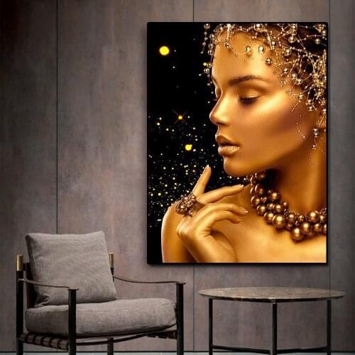 Black and Gold Woman Poster Print on Canvas and Sexy African Oil Paintings Cuadros Wall Pop Art for Room Home One Piece Decor