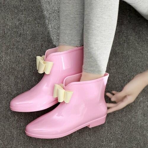 Bowtie Ankle Rain Boots Women Low Heels Non-slip Glossy Waterproof PVC Woman Water rainshoes round toe Fashion rubber galoshes