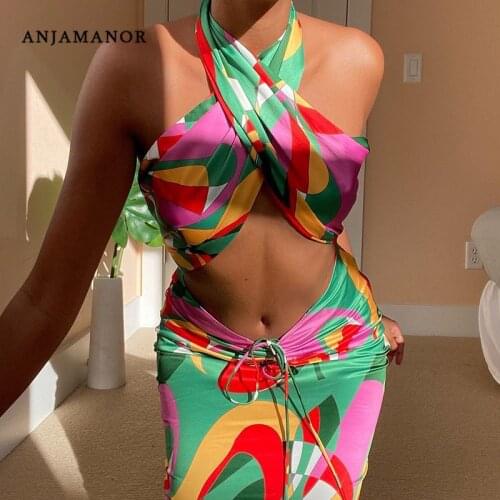 ANJAMANOR Sexy Printed 2 Piece Sets Vacation Outfits Spring Summer 2021 Women Fashion Halter Crop Top Skirts Sets D85-DZ19