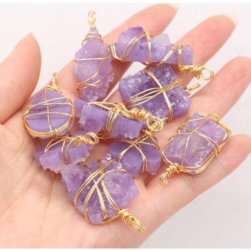 1pcs Natural Stone Crystal Amethysts Pendant Gold Thread for DIY Necklace Earring Accessories Jewelry Making Women Gift