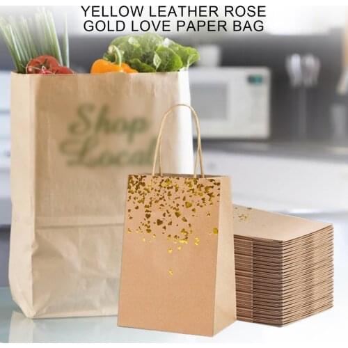 10Pcs Yellow Leather Kraft Paper Bag Leather Renewable Recyclable Love Handbag Writing Painting Pasting Birthday Party Gift Bags