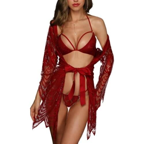 3 Pieces Sexy Lingerie Female Solid Color Spaghetti Strap Brassiere Panties Night-Robe White Red Black