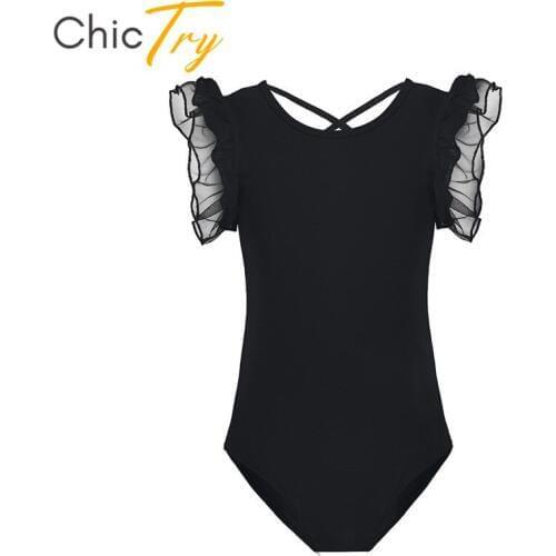 ChicTry Kids Mesh Ruffled Sleeves Ballet Leotard Girls Solid Color Gymnastics Leotard Bodysuit Children Stage Dance Wear Costume