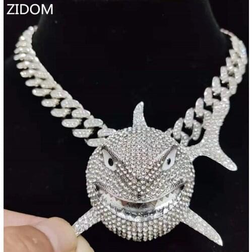 Big Size Shark Pendant Necklace For Men 6IX9INE Hip Hop Bling Jewelry With Iced Out Crystal Miami Cuban Chain fashion jewelry
