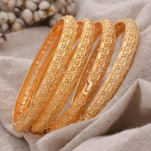 4Pcs/Set Dubai Bangle Ethiopian Gold Color Bangles For Women Girls Bride Wedding Bracelet African Arab Jewelry Middle East