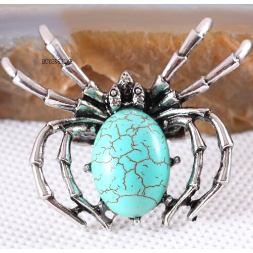 Spider Brooch Natural Stone Green Howlite CAB Cabochon Bead Pendant for Men Women DIY Jewelry Making 1Pcs K708