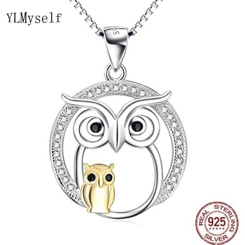Solid 925 Sterling Silver Necklace 40+5cm Chain Sparkly CZ Cute Owl Pendant 2 Tone Color Jewelry