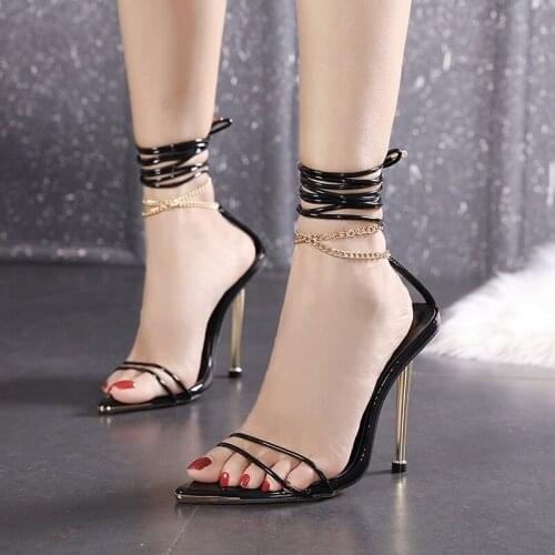 Summer new pointed metal chain strap stiletto sandals large size banquet dress fashion all-match Roman female sandals