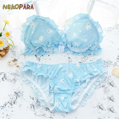 Polar Bear Cute Japanese Bra & Panties Set Wirefree Soft Underwear Sleep Intimates Set Kawaii Lolita Color Sky Blue