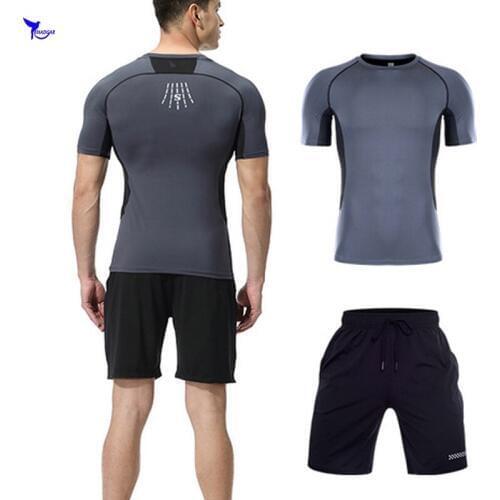 Short Sleeve Shirt+Shorts Mens 2PCS Running Set Traning Dry Fit Sport Suit Fitness Patchwork Basketball Tracksuit Gym Clothing