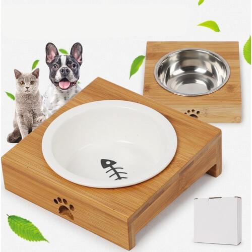 New Cat Bowl Petl Dogs Stand Ceramics Bowls Cats Dog Food Water Bowl Bamboo Elevated Pet Feeders Puppy Placemat Bowls