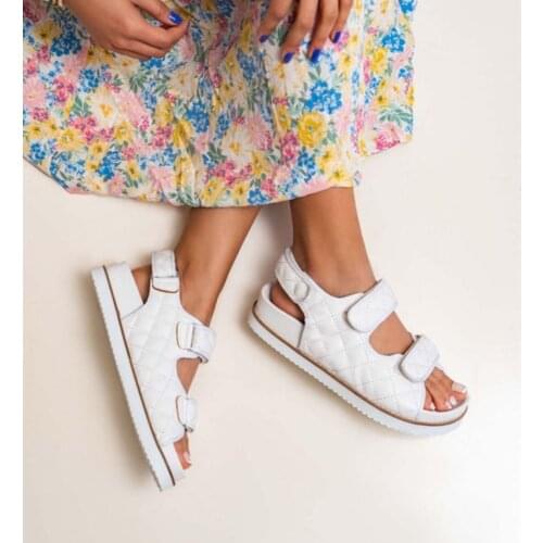 Latest Fashion 2021 Womens Quilted Double Banded Velcro Sandals Slippers Luxury Spring Summer Made in Turkey High Quality Beige