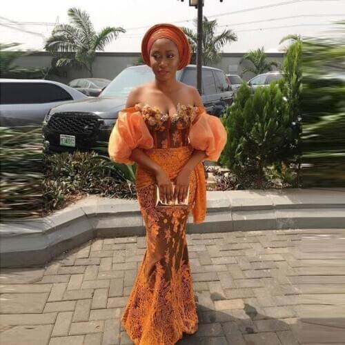 Orange Lace Aso Ebi Evening Dresses Long Off Shoulder Appliques Sequins Prom Dress For Black Girls Formal Party Vestidos Gowns